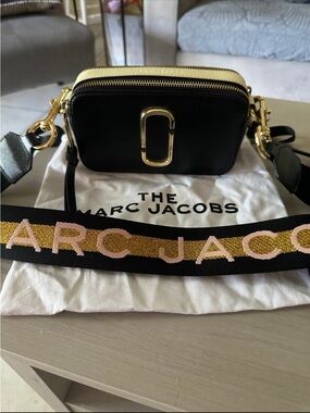 Marc Jacobs Black Leather Crossbody Camera Bag with Gold Trim